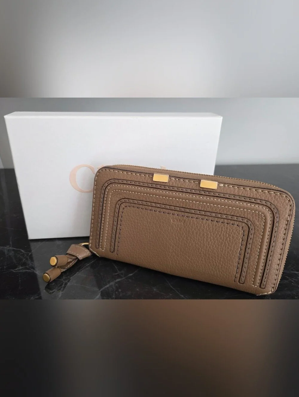 Authentic Chloé Marcie Leather Wallet Tan Brass Hardware